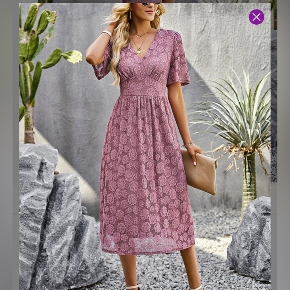 Gaovot | Floral Lace MIDI Dress V-Neck Pink Size Medium - Picture 1 of 7